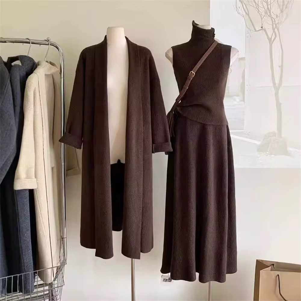 Brown Knit Cardigan and Dress Set- 3 Piece